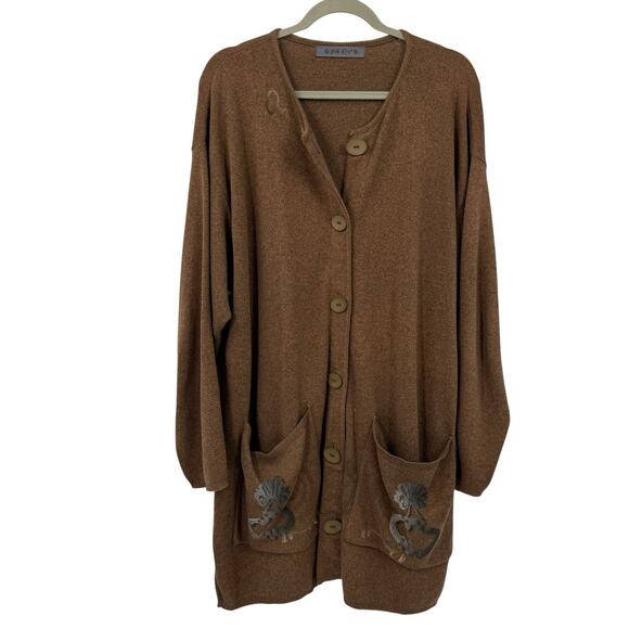 Blue Fish Cardigan Full Button Front size XXL Brown Lock & Key Hand Painted Art